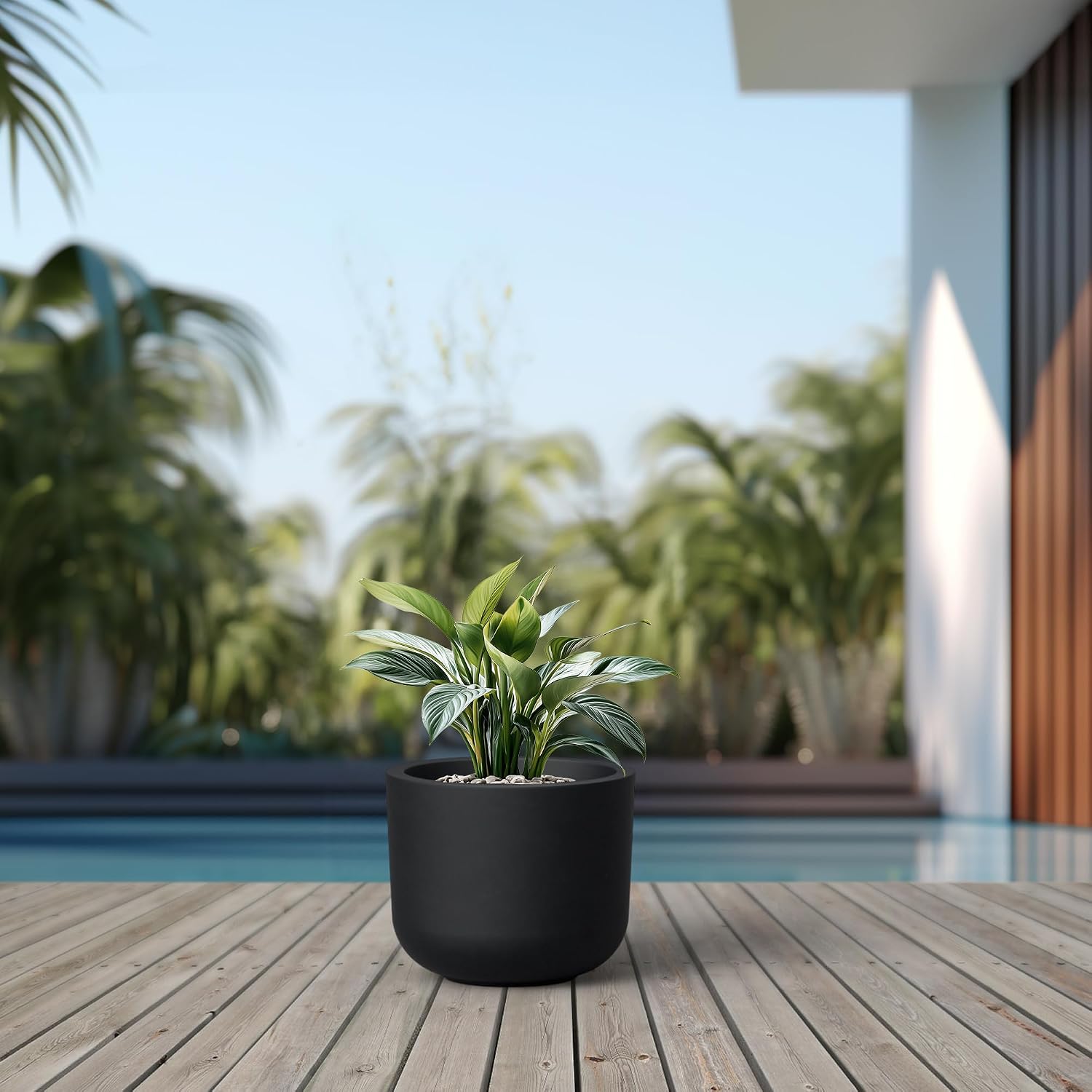 Kante Small Round Capsule Black Concrete Planter 9" Dia, Outdoor | Rubber Plug for Indoor, Drainage for Garden