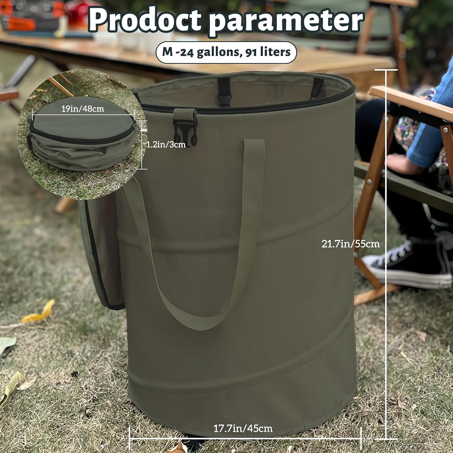 Pop up Camping Trash can,24 Gallon Collapsible Garden can with lid(Green) | Reusable Lawn and Leaf Bag with Sorting