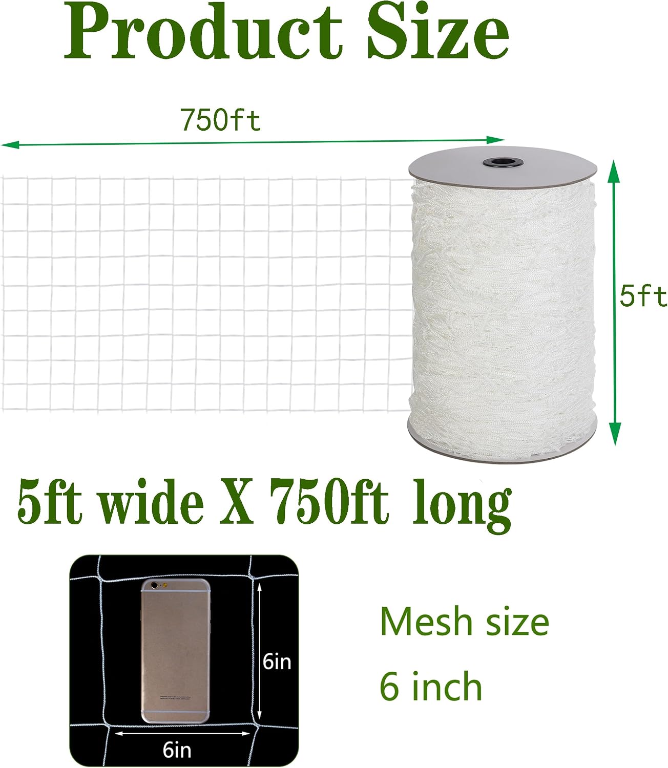 Toolazy Trellis Netting 5 x 750 ft - Heavy Duty Nylon Garden Netting with 6 Inch Mesh, Soft Plant Support Net for