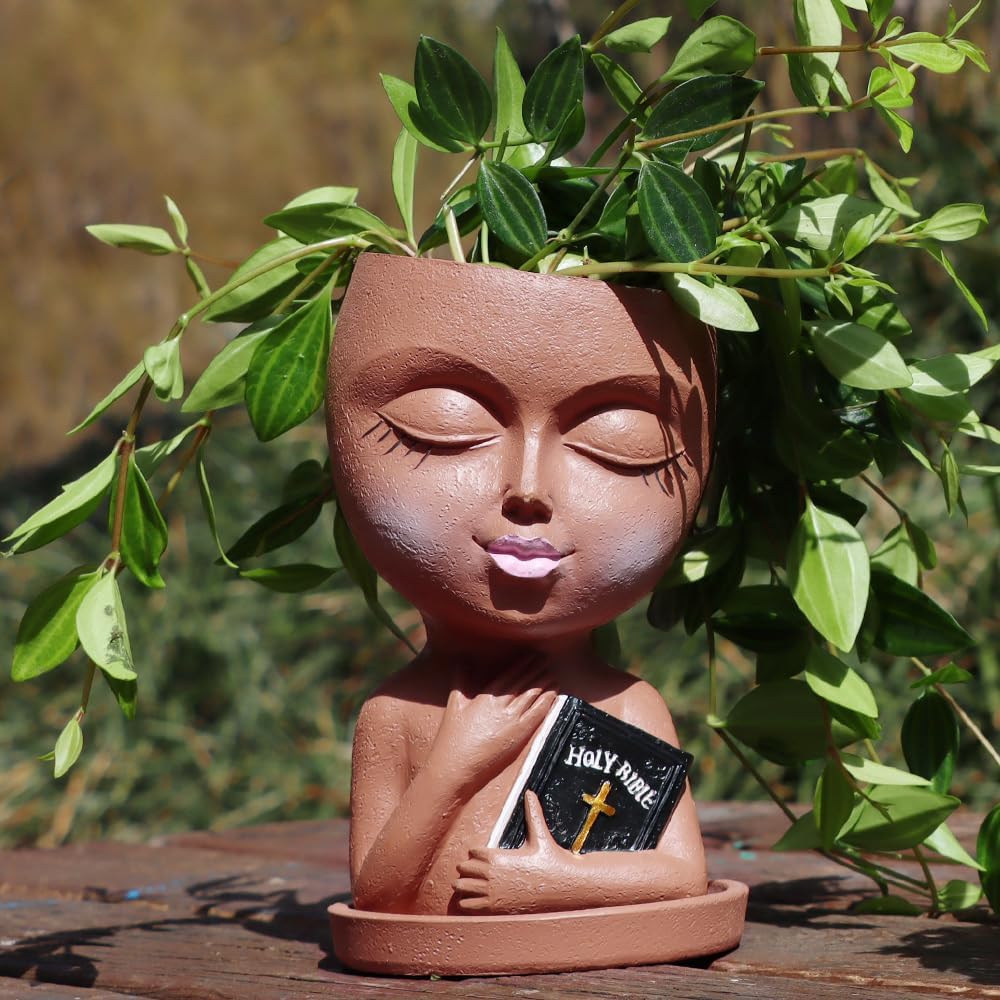 Face Planters Pots Head for Indoor Outdoor Plant Unique Head Planter Holding Book Confessional Girl Face Flower Pot