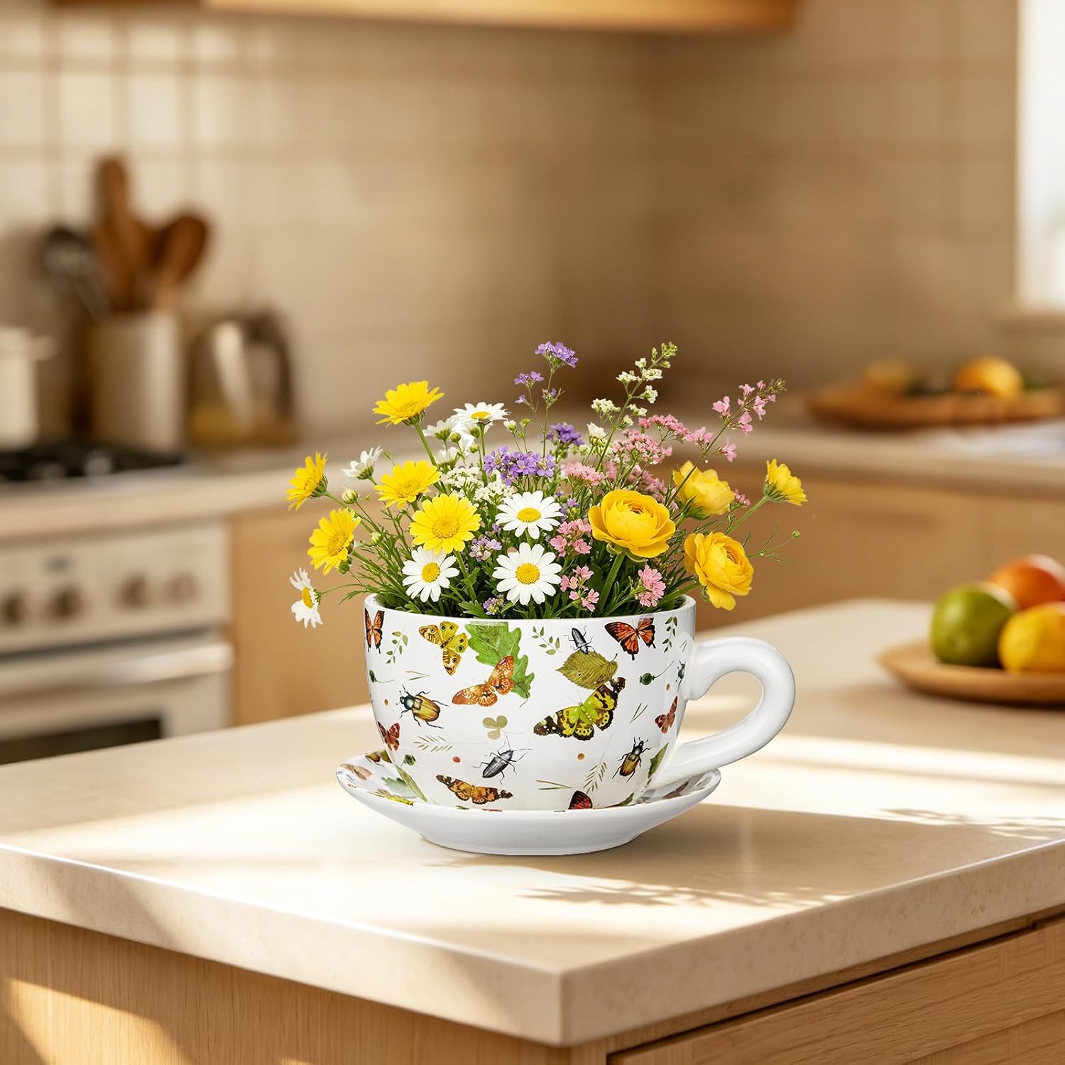 Ceramic Teacup Planter Pot with Saucer - 5.9 Inch Coffee Cup Shaped Plant Pot with Drainage Hole Butterfly Insect