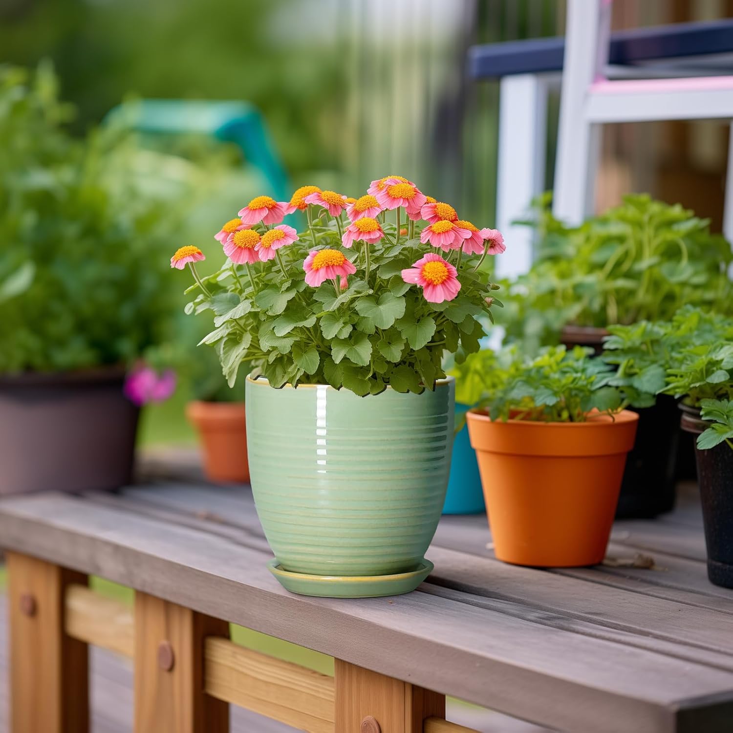 Ceramic Plant Pots - 6 Inch Ceramic Planter with Drainage Hole and Saucer, Modern Planters for Indoor Outdoor Plants