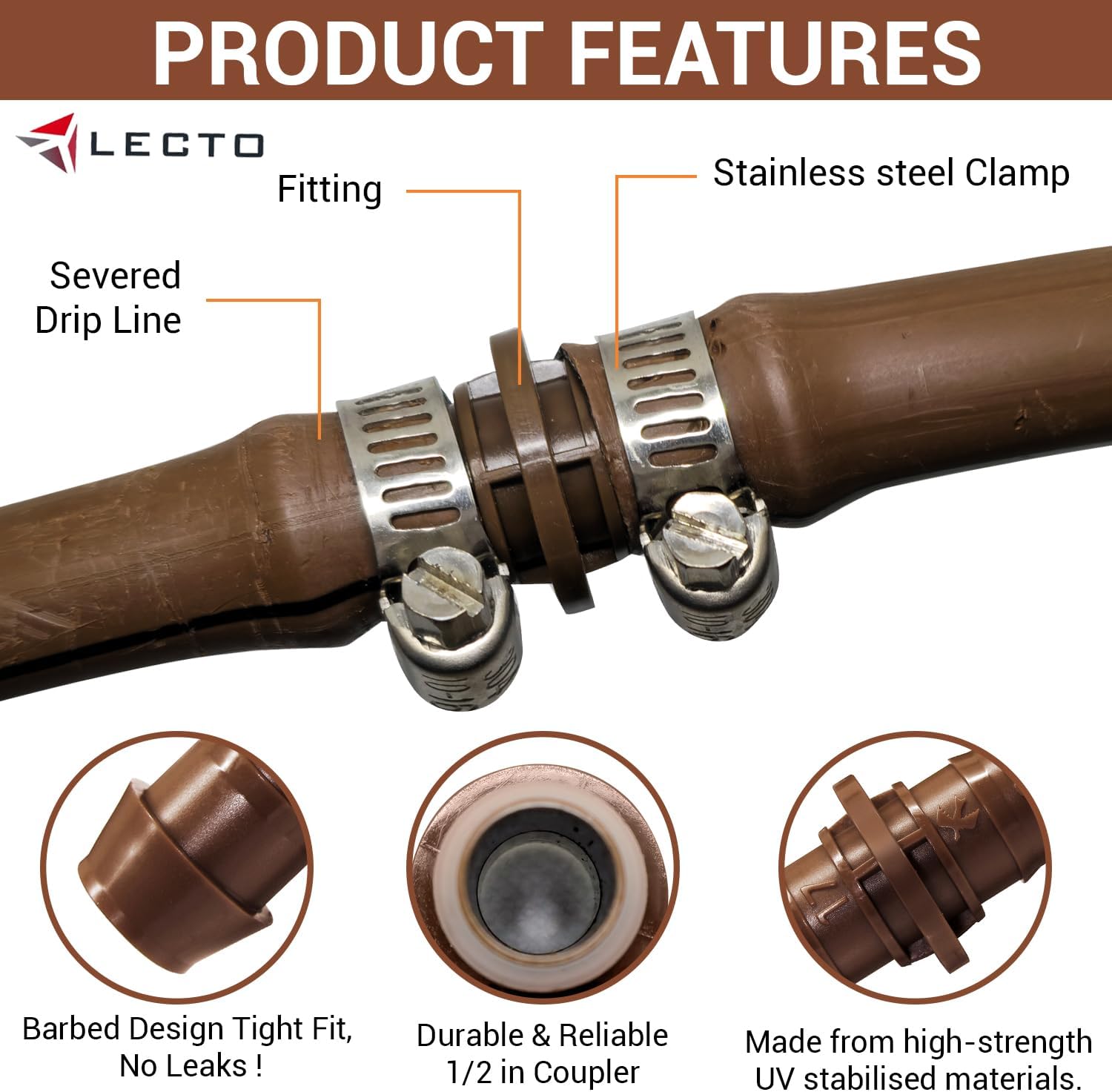 LECTO Universal 5/8", 1/2", .700" Drip Line Repair & Extension Kit – 3 Pack Plastic Couplers with 6 Stainless Steel