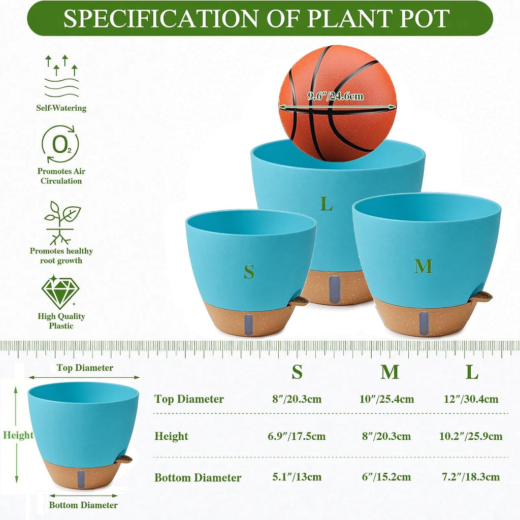Ecolley Plant Pots 8/10/12 Inch Self Watering Pots, Set of 3 Plastic Planters with Drainage Holes and Saucers,Plastic