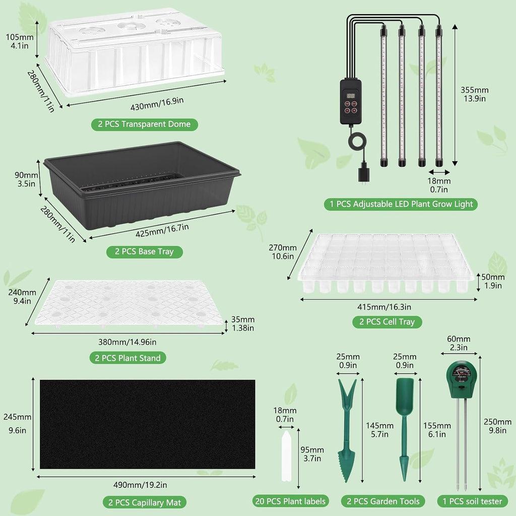 Seed Starter Tray with Grow Light, 2 Pack 120 Cells Seedling Tray Kit with 3-in-1 Soil Moisture Meter, Indoor Seedling