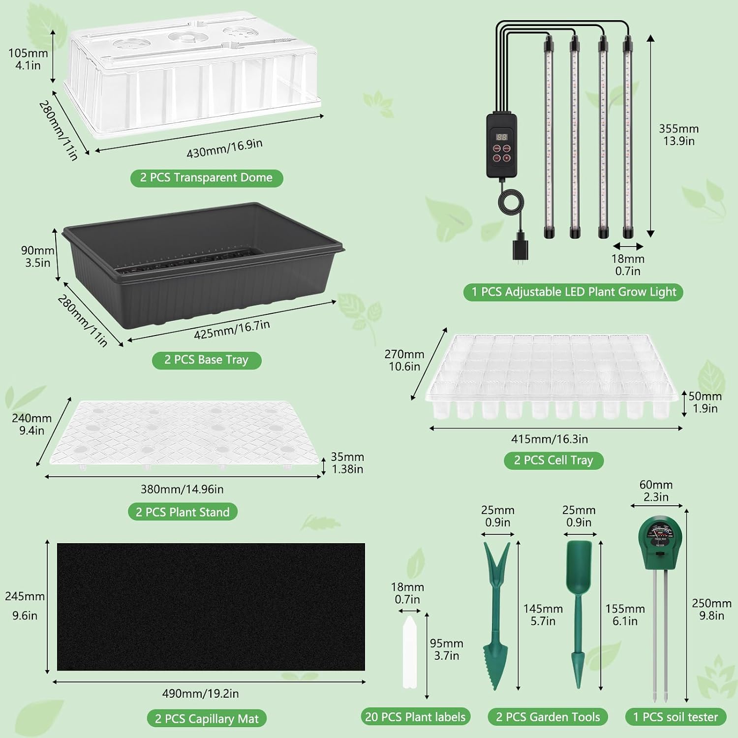 Seed Starter Tray with Grow Light, 2 Pack 120 Cells Seedling Tray Kit with 3-in-1 Soil Moisture Meter, Indoor Seedling