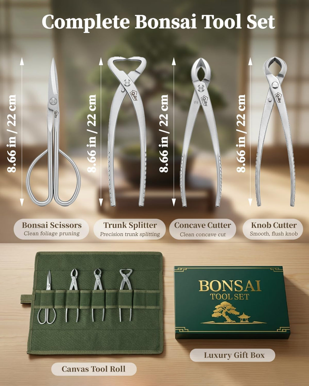 4-Piece Bonsai Tools Set with Tool Roll Bag and Luxury Gift Box | Bonsai Starter Kit, Include Concave Cutter, Knob