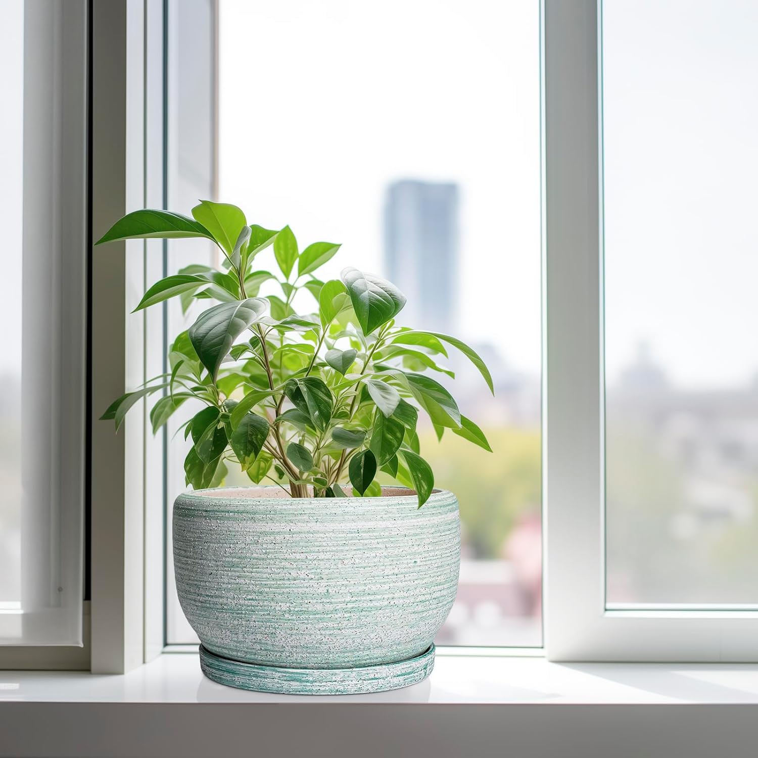 SQOWL Ceramic Pots for Plants - 10 Inch Ceramic Planter for Indoor Outdoor, Modern Round Flower Pot with Drainage Hole
