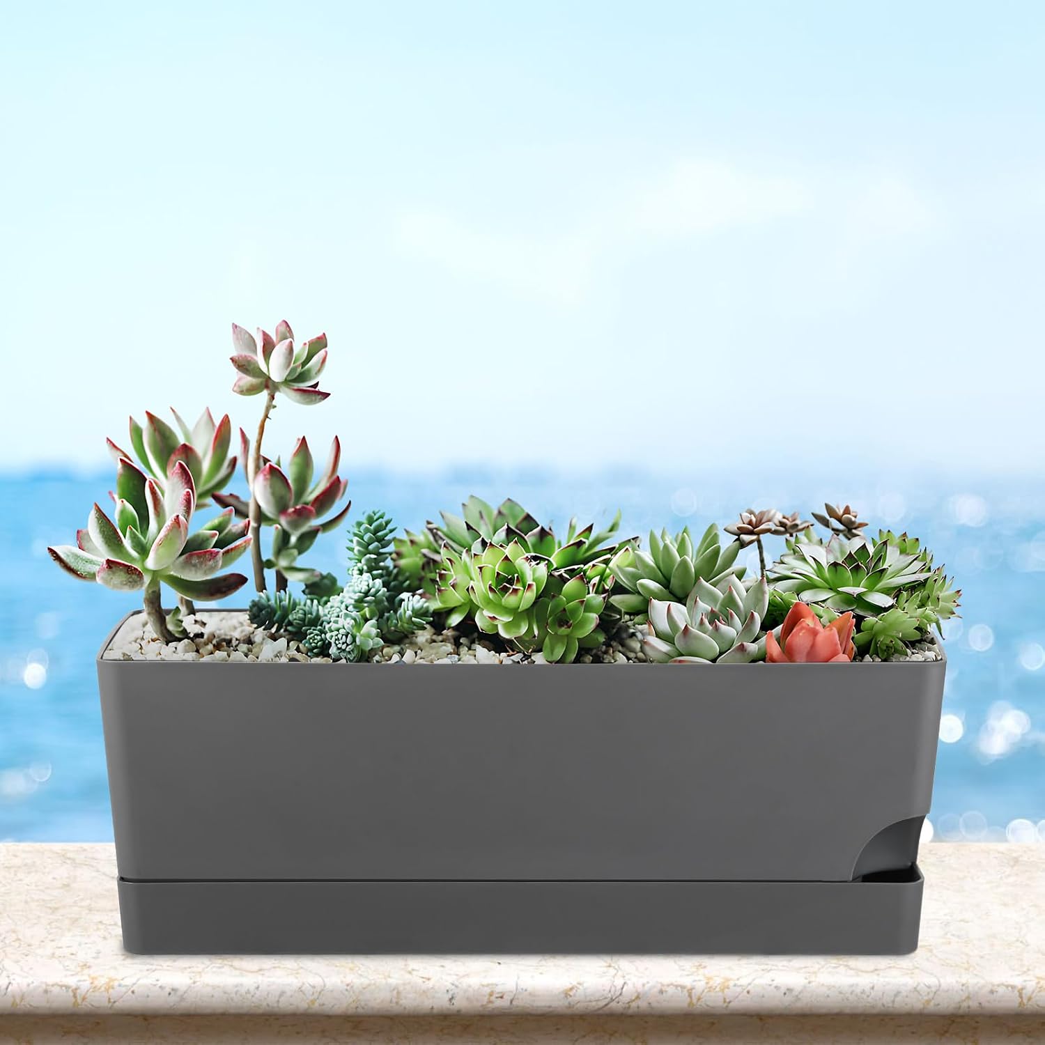 2 Pack Rectangle Self Watering Pots for Indoor Plants 17 Inches Window Boxes Planters Rectangular Flower Pots Herb