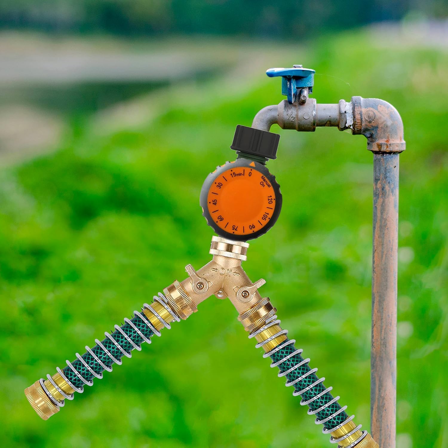 Heavy Duty 2 Way Brass Garden Hose Splitter with Shut Off Valves, Outdoor Faucet Connector with Water Timer, Anti Kink