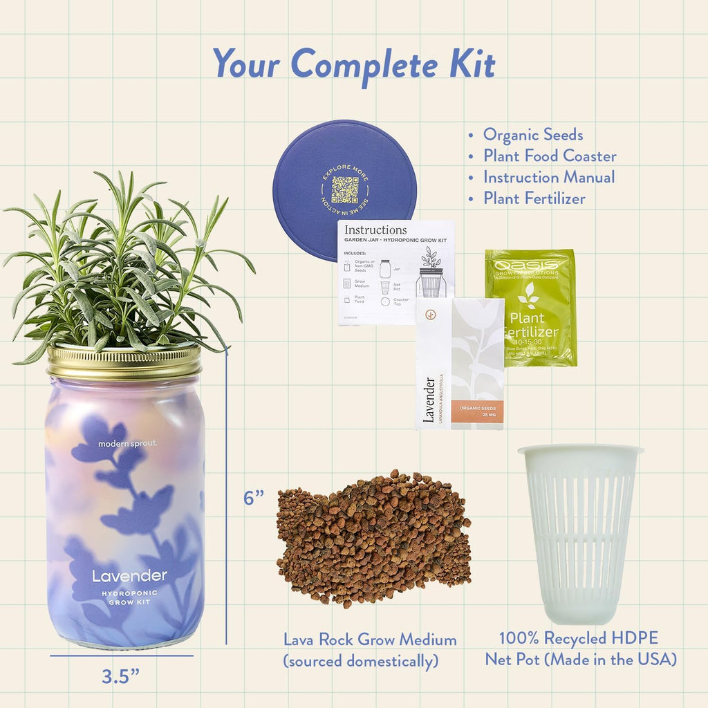 Modern Sprout MasonJar+Replant Kit-Self-Watering Hydroponic System-Lavender | Growing System Kit w/Organic Herb Seeds