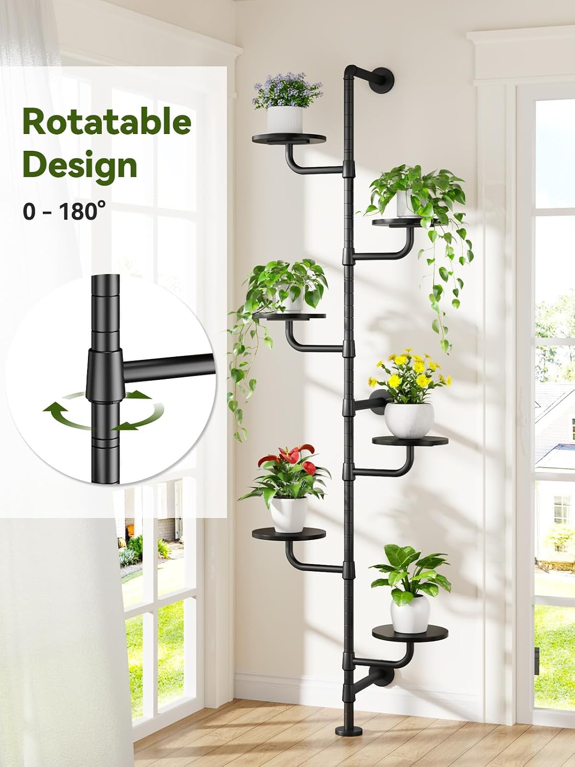 Plant Stand Indoor, Tall Wall Mounted Metal Pole, 6-Tier, Black | Rotating Wooden Board Plant Holder for French Window