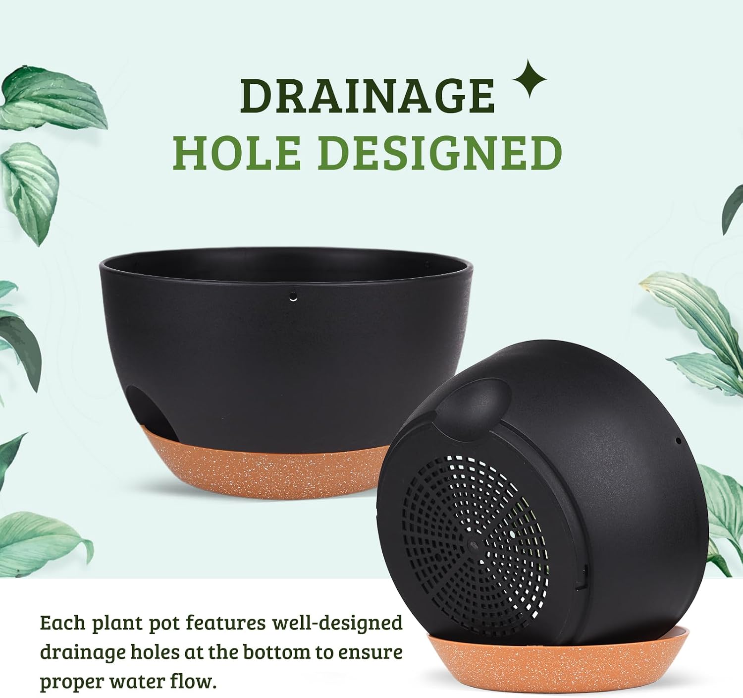 Vanslogreen Plant Pots 12inch Self Watering Pots, Set of 2 Plastic Planters with Drainage Holes and Saucers, Flower