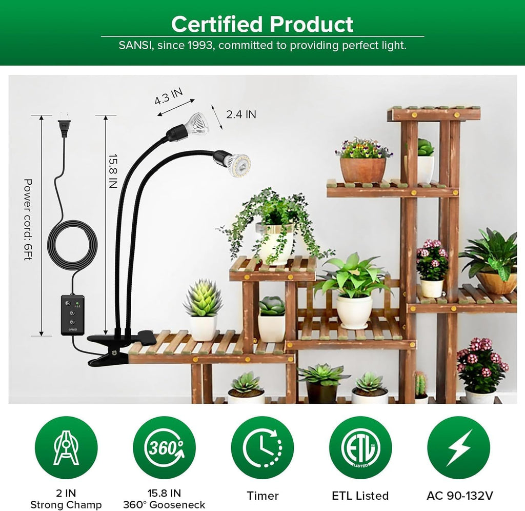 SANSI LED Grow Lights for Indoor Plants, Lifetime Free Bulb Replacement | 300W Full Spectrum 2-Gooseneck Clip Plant