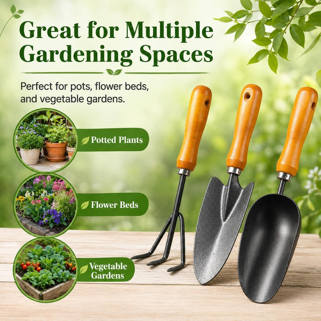 3-in-1 Heavy Duty Gardening Tools Kit, Premium Carbon Steel Garden Hand Tools with Ergonomic Wooden Handle Includes
