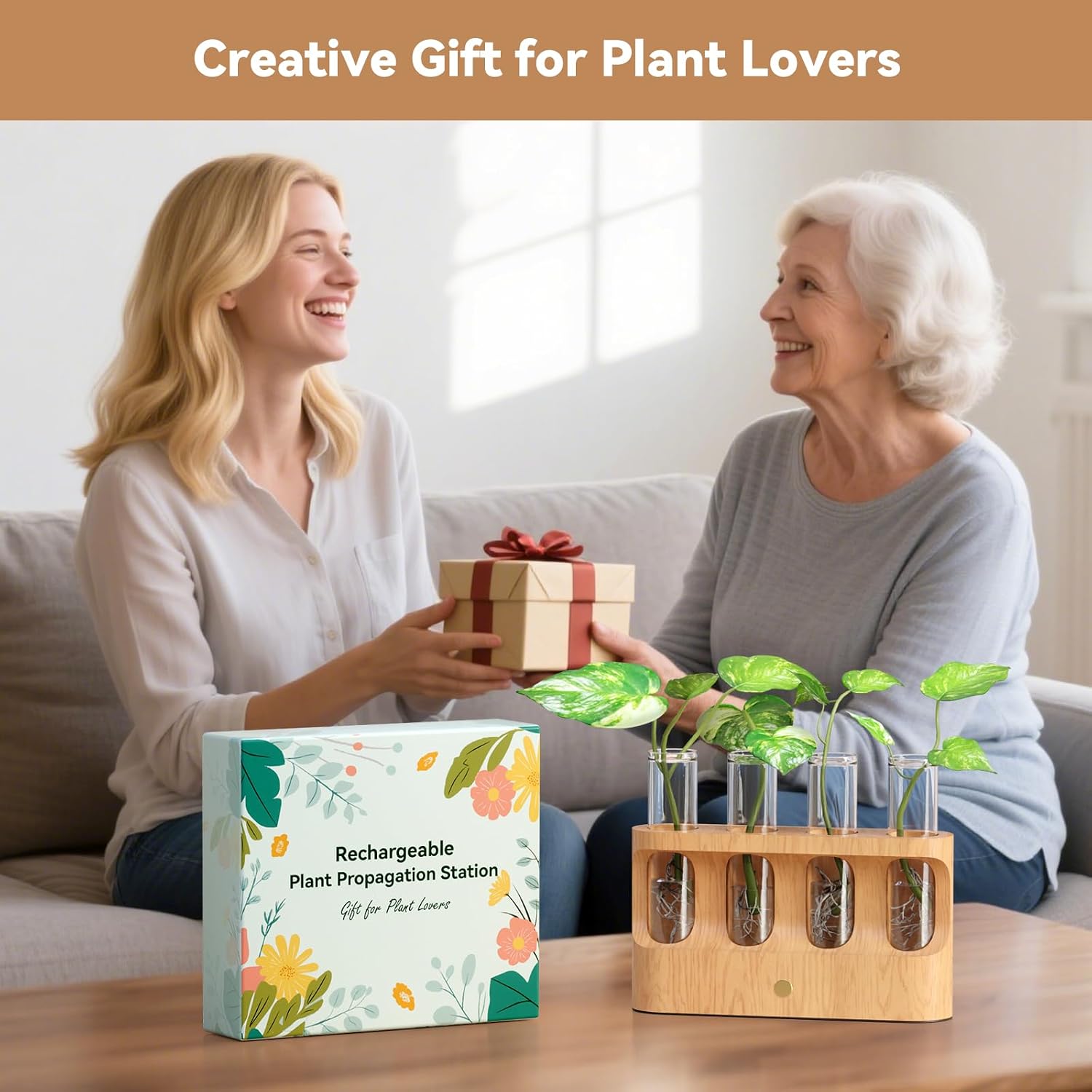 Rechargeable Plant Propagation Station with Stepless Dimming Lights | Wooden Stand, 4 Glass Test Tubes, Home Decor for