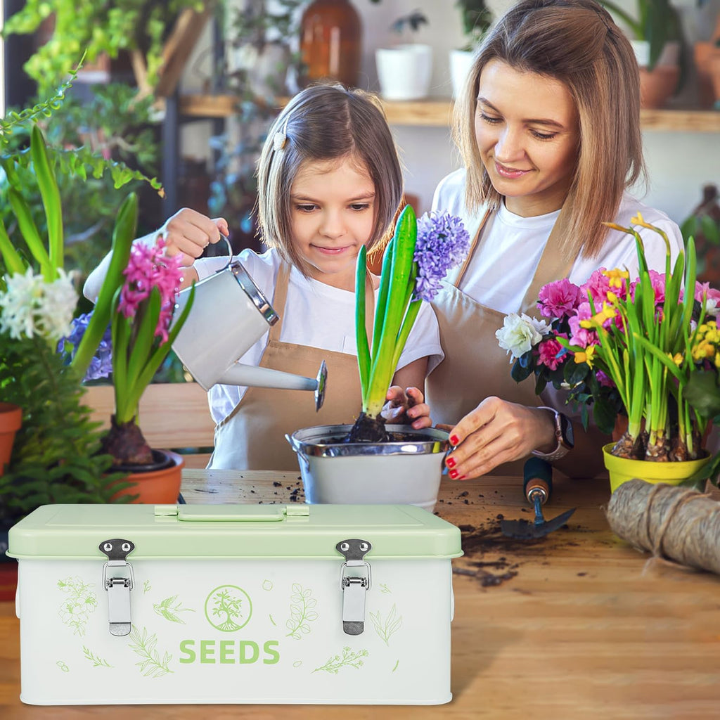 Seed Storage Box, Seed Storage Organizer with Garden String, 30 Seed Envelopes and Bamboo Plant Labels, 4 Compartments