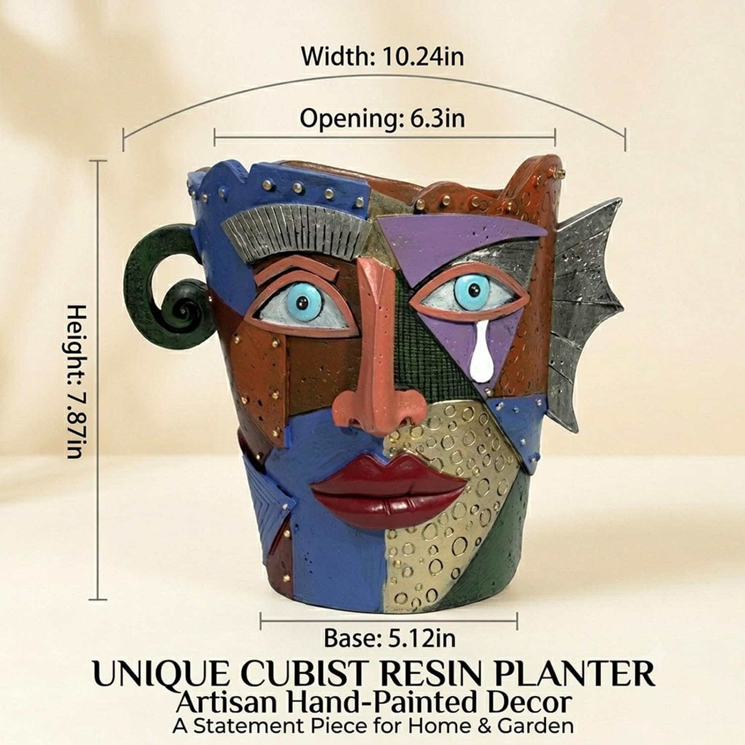 Large Picasso Abstract Face Planter Pot, Colorful Resin, Indoor Outdoor | Head Planter, 10.24 Inch, Drainage Hole, Fits