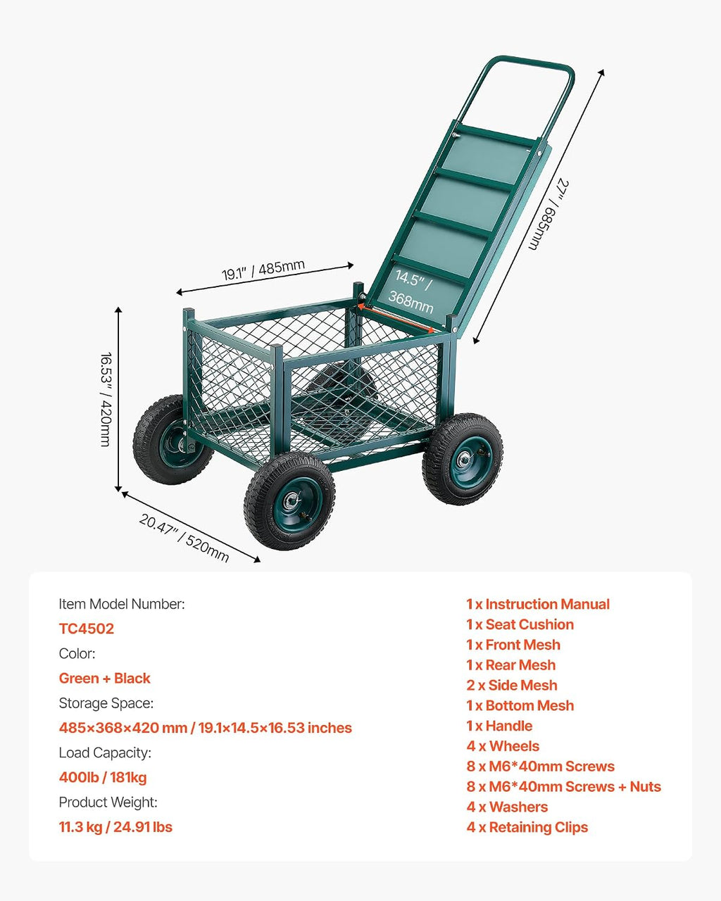 VEVOR Rolling Garden Cart with Seat, Metal Rolling Garden Work Seat with Wheels, Supports up to 400 LBS, Heavy Duty