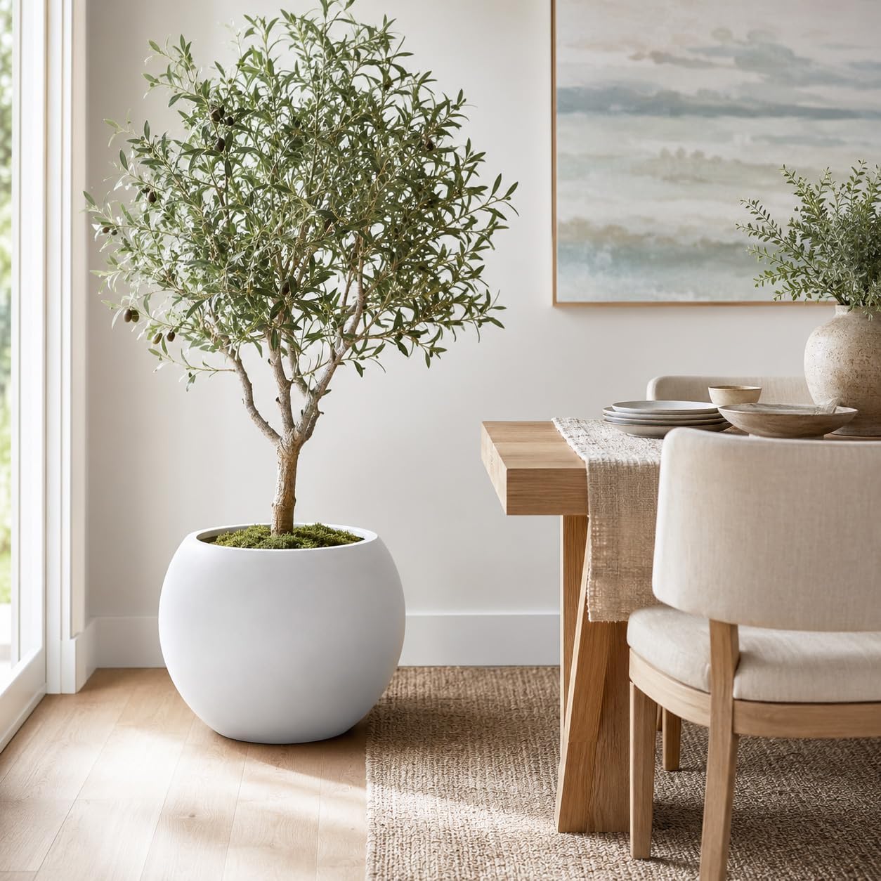 13.5" H x 17" Dia White Fiberstone Planter Pot with Drainage Hole, Large Round Indoor Outdoor Flower Pot for Artificial