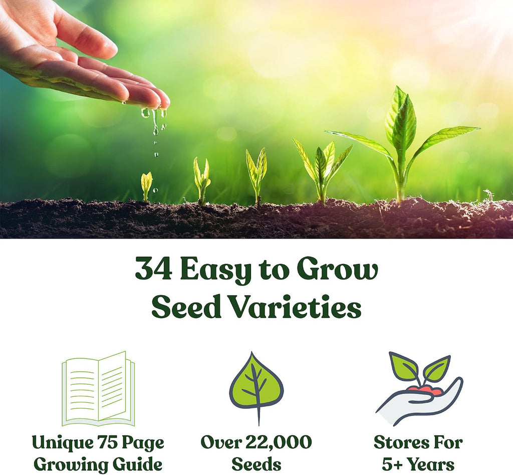 Sustainable Seed Co Vegetable Seed 22,000 Seeds Non-GMO Heirloom | Survival Garden, Emergency Seed Vault, 34 VAR, Bug