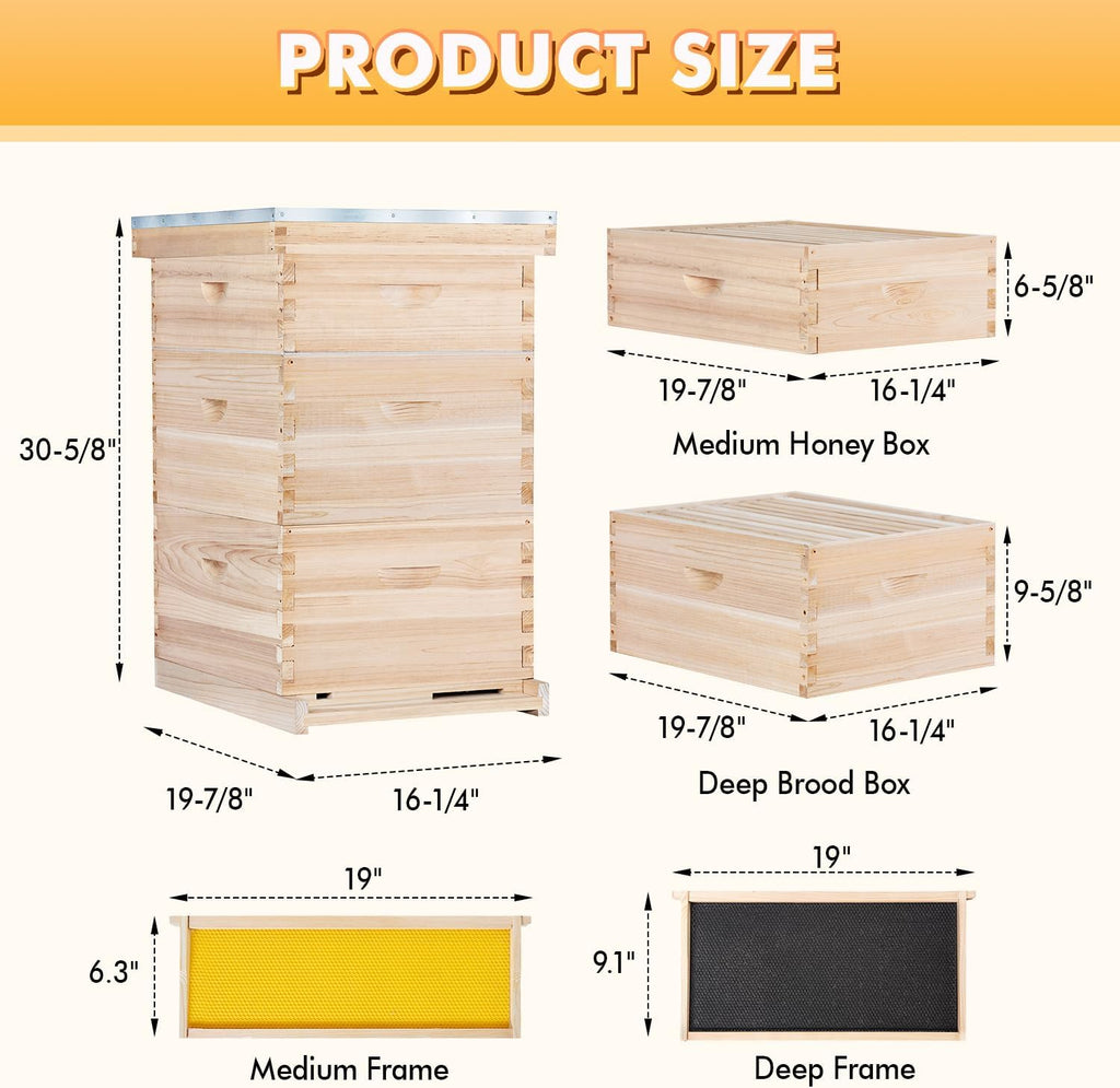POLLIBEE Bee Hive,10 Frame Beehive Boxes Starter Kit, Langstroth Beehives Include 2 Deep Hive Boxes and 1 Medium Super
