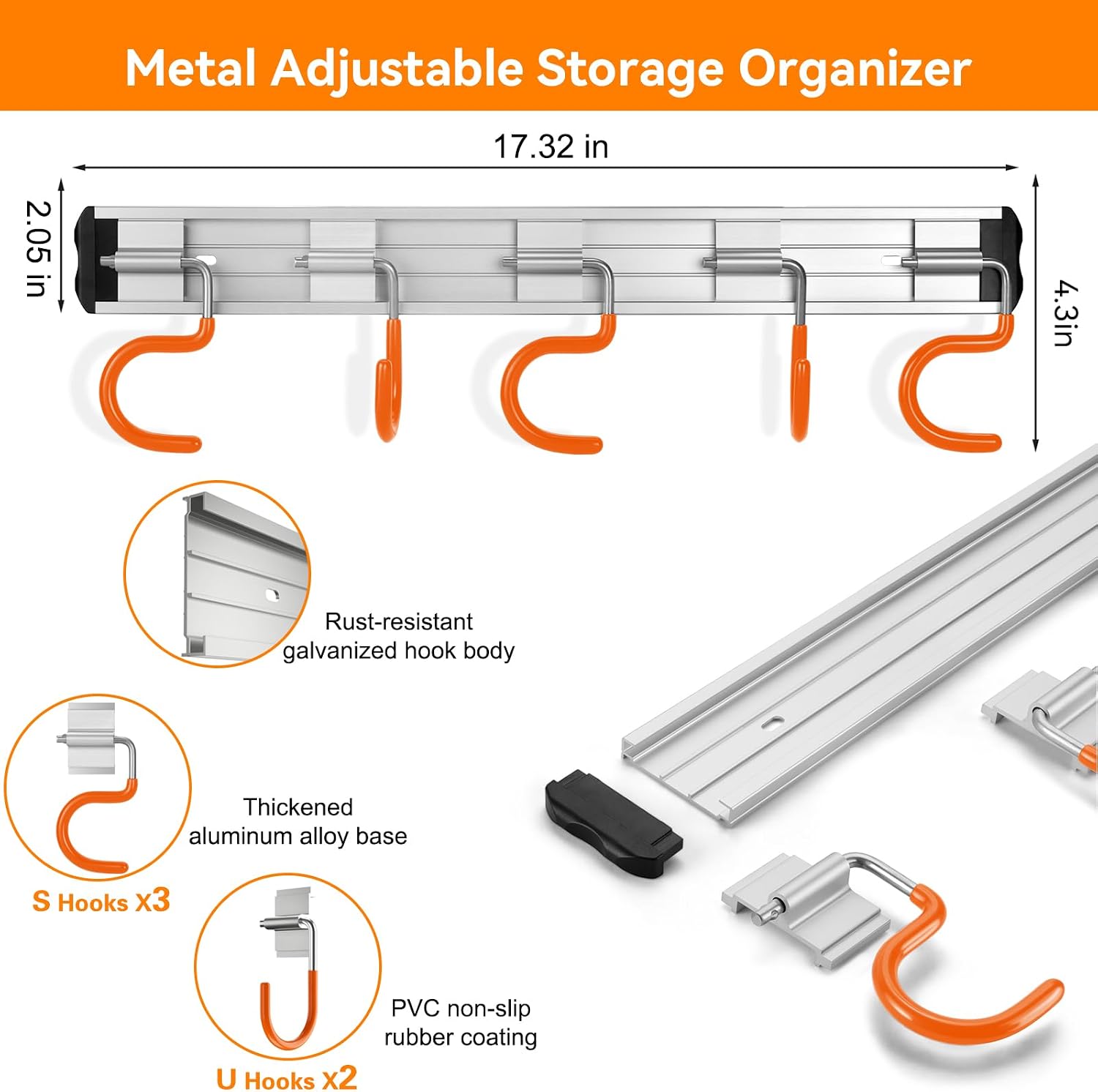 HUPBIPY 34.5'' Aluminum Alloy Garden Tool Organizer Wall Mount Garage Organizers and Storage with Hooks Tool Hangers