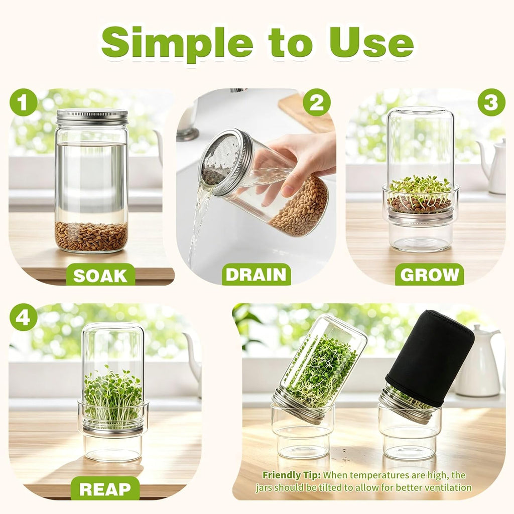 Sprouting Kit, 2 Wide Mouth Sprouting Jar with Stainless Steel Screen Sprout Lids, Blackout Sleeves, Drain Cover