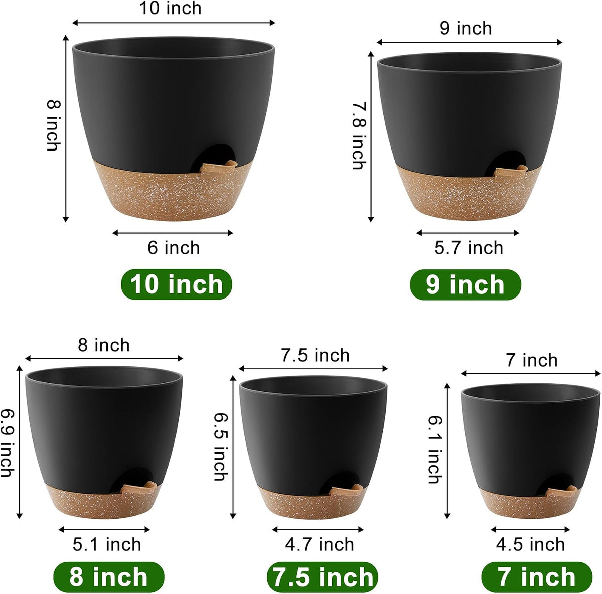 Plant Pots 10/9/8/7.5/7 Inch Self Watering Pots, Set of 5 Plastic Planters with Drainage Holes and Saucers,Plastic