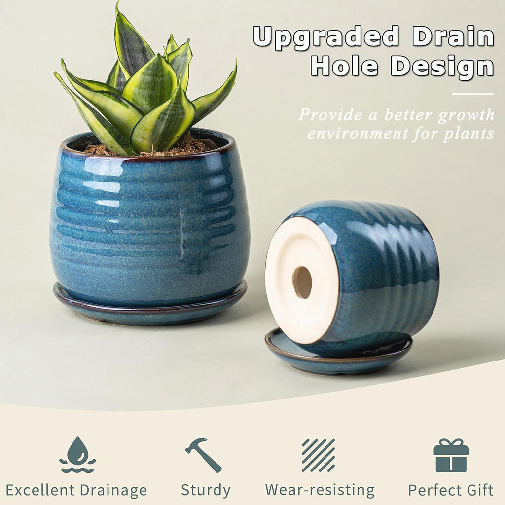 Ceramic Plant Pots with Drainage Holes and Saucers, Indoor Flower Pots for Plants Set of 3, 3.4+4.7+6.1 inch Cute