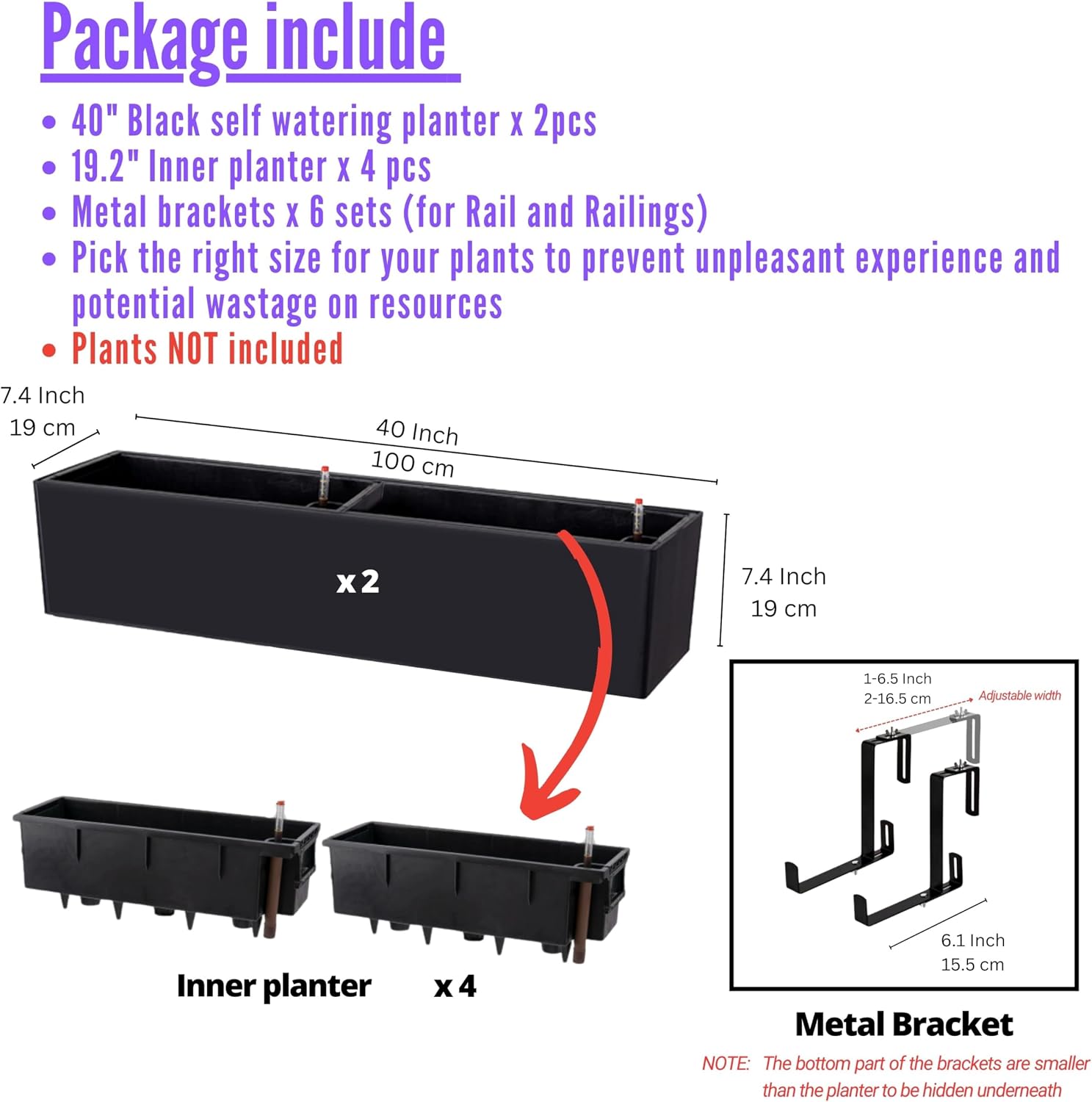 LaLaGreen Rail Planter Boxes for Outdoor (2 Pack, 40") Hanging Flower Pots with Bracket, Black Rectangular Self