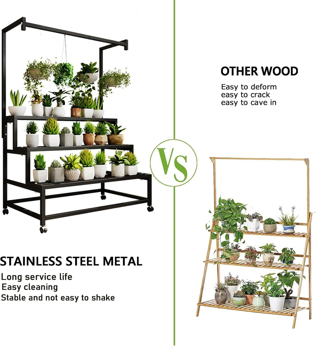 4 Tier with Hanging Tall Plant pot shelf, with Rollers (BLACK, 39IN) | L39*W24.4*H67in Large Metal Plant Stand, Heavy