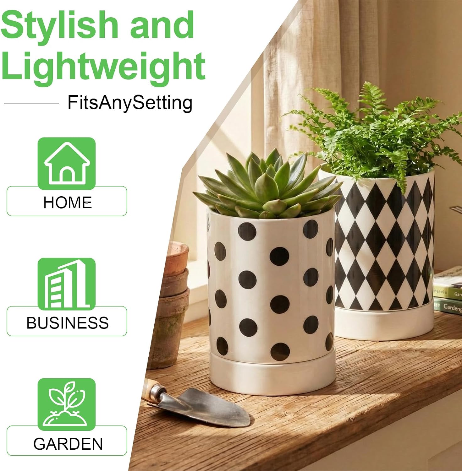 Ceramic Plant Pots Set of 2, 6 Inch Flower Pots with Drainage Hole Modern Polka Dot Diamond Planter for Indoor Outdoor