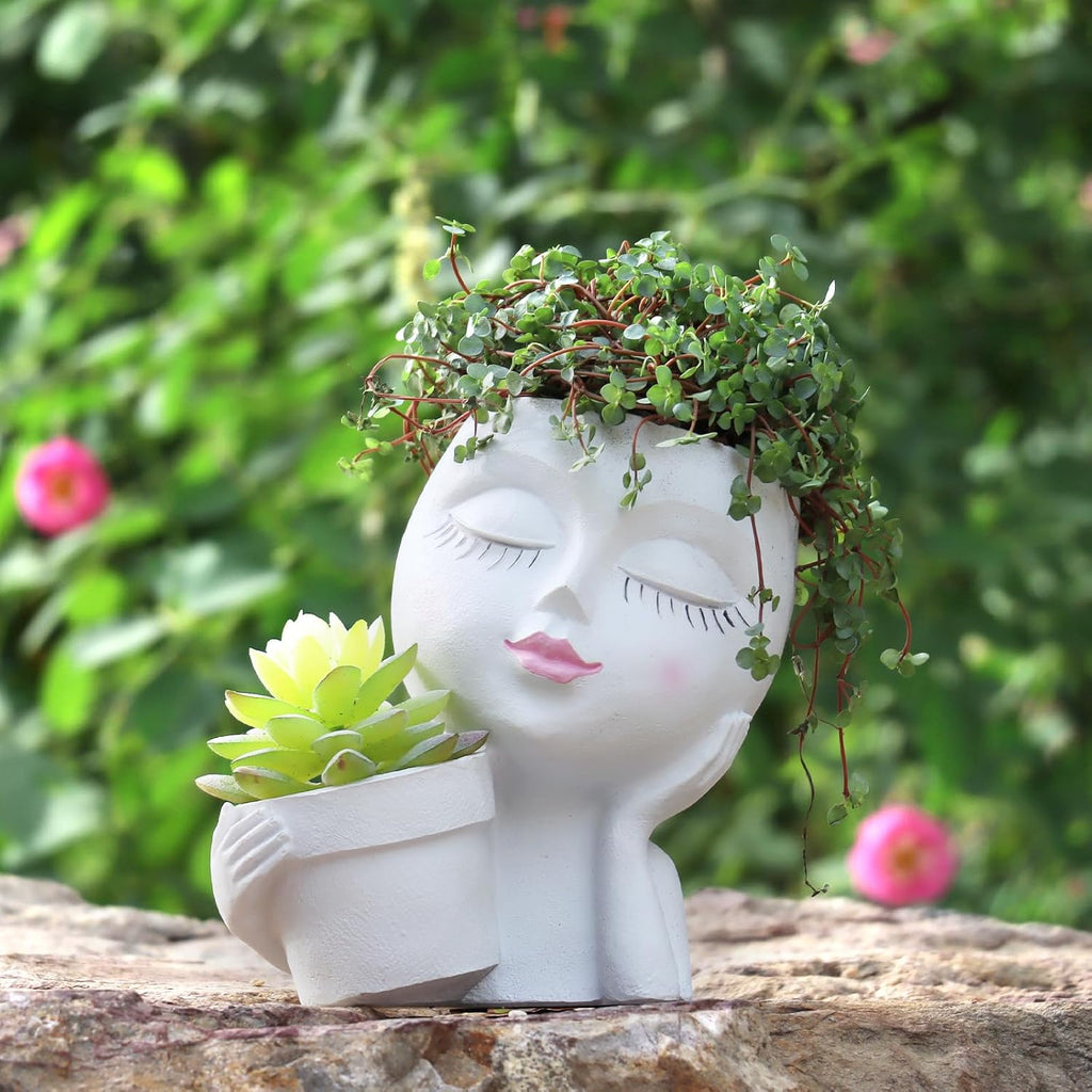 Face Planter Pot, 2-in-1 Resin Head Planter with Mini Pot, Cute Lady Flower Pots with Drainage for Indoor Outdoor
