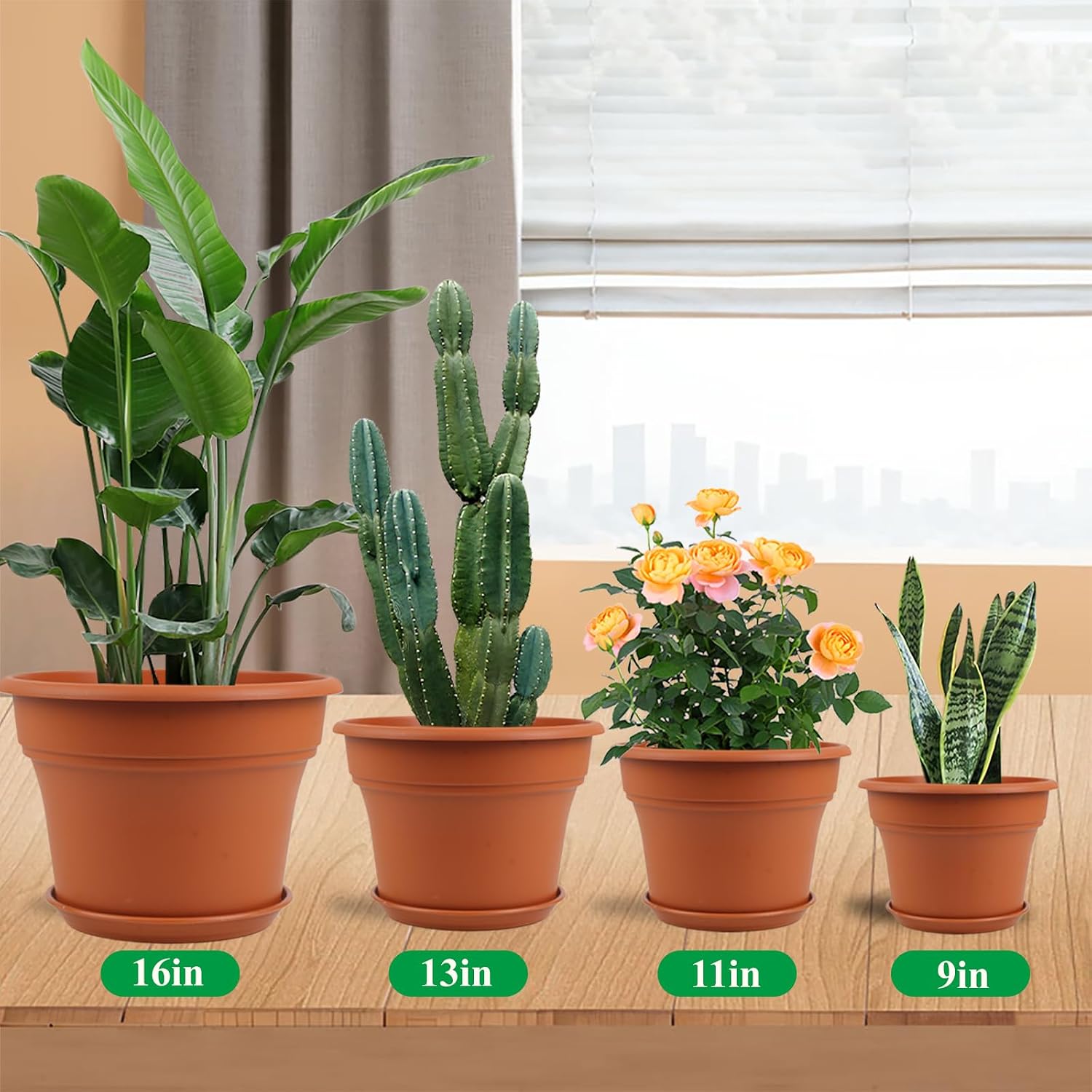 Pottiffe 16 inch Plastic-Flower-Pot-for-Indoor-Plants, 4 Pack Large Outdoor Planter Pot with Drainage Holes & Saucers