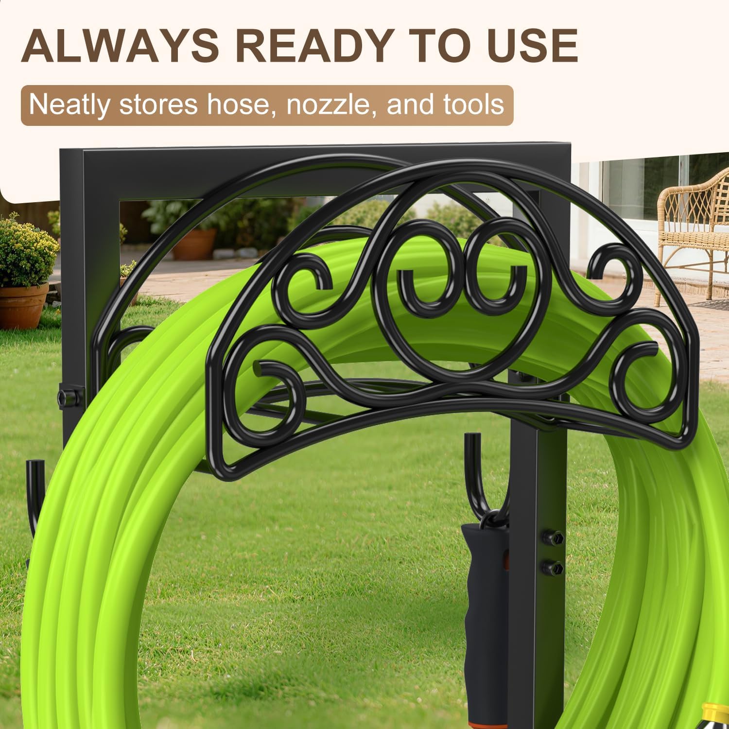 Freestanding Garden Hose Stand, Heavy Duty Water Hose Holder with Tool Hooks, 4 Anchoring Spikes, 150 ft Storage for