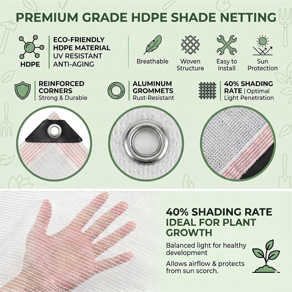 40% White Shade Cloth for Garden Plants, UV Resistant Sun Shade Netting with Grommets, Breathable HDPE Mesh Tarp Canopy