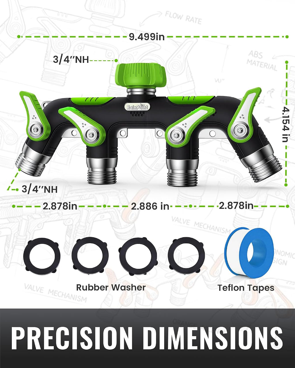 RAINPOINT 4 Way Garden Hose Splitter, 100% Metal Heavy Duty Water Hose Splitter with Individual Shut-Off Valves, 3/4"