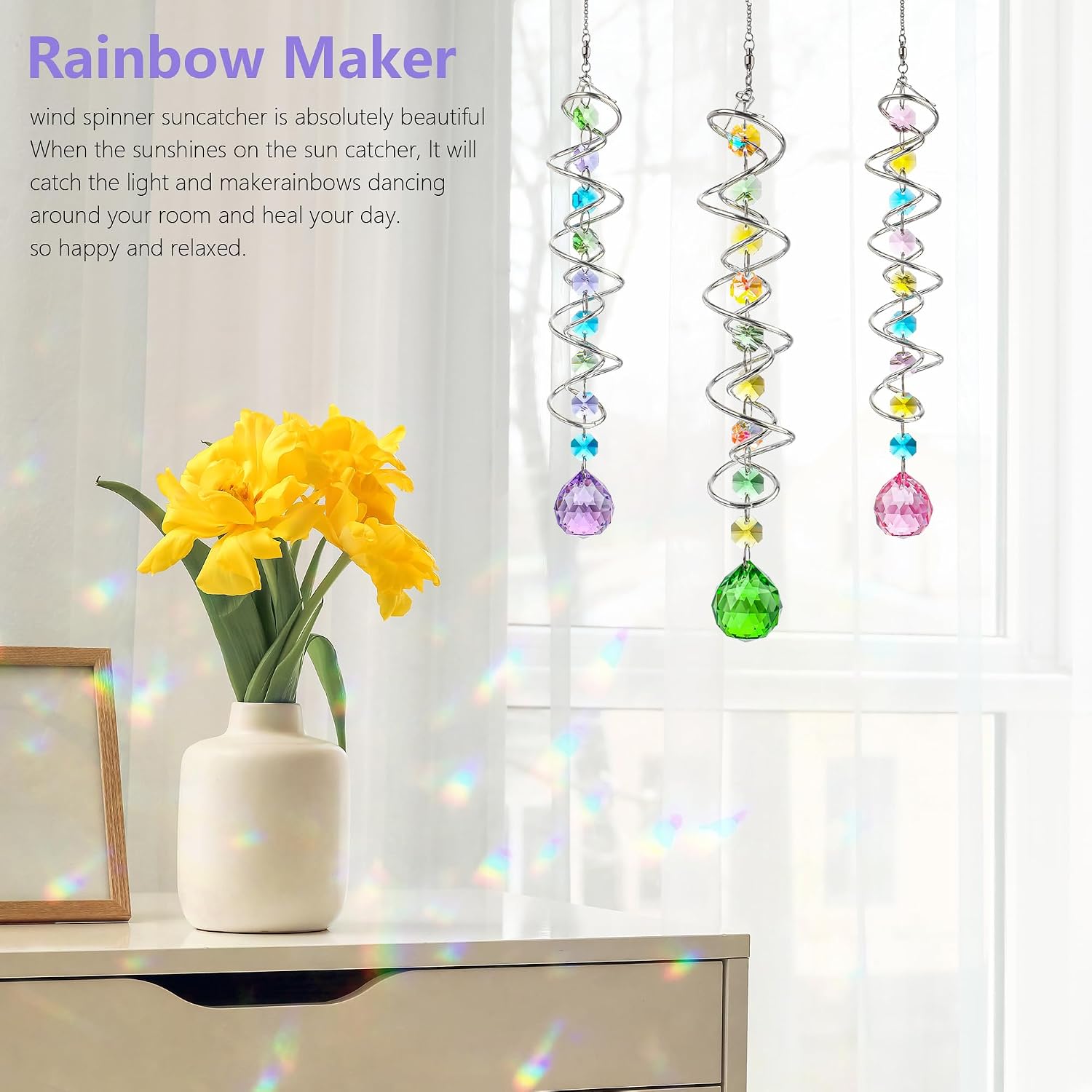 Set of 3 Crystal Suncatcher Spiral Wind Spinner Gazing Ball Decor | Crystal Suncatcher Rainbow Maker with Spiral Tail