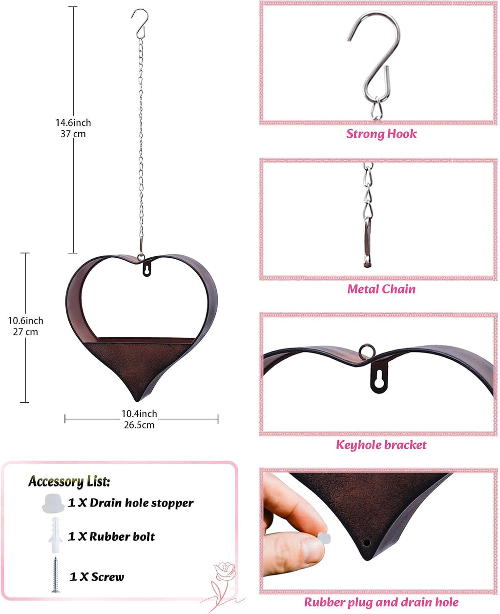 Metal Plant Hangers Indoor and Outdoor: Pots with Drainage Hole | Heart Shape Hanging Planters for Window Wall Living