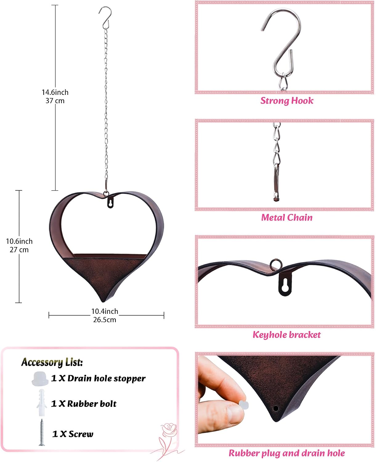 Metal Plant Hangers Indoor and Outdoor: Pots with Drainage Hole | Heart Shape Hanging Planters for Window Wall Living