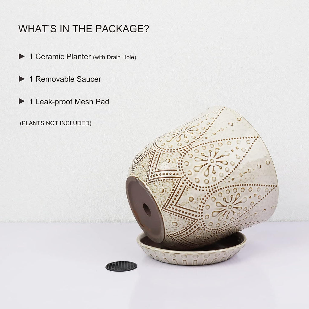 Gepege 8 Inch White Ceramic Plant Pot with Drainage & Saucer | Large ceramic plant pot with drainage hole, ceramic
