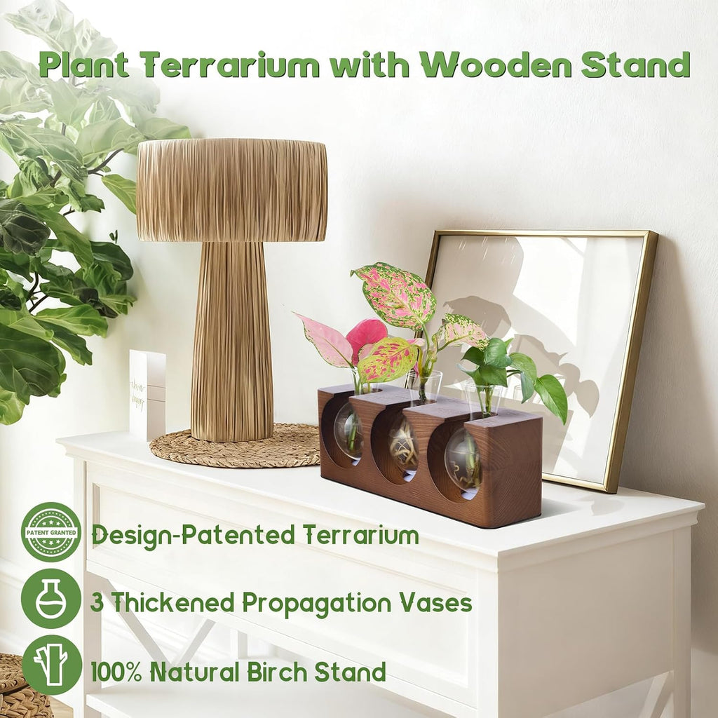Wooden Stand Plant Propagation Station with 9-Level Adjustable LED Lights | Plant Terrarium with 4 Modes, 3 Glass