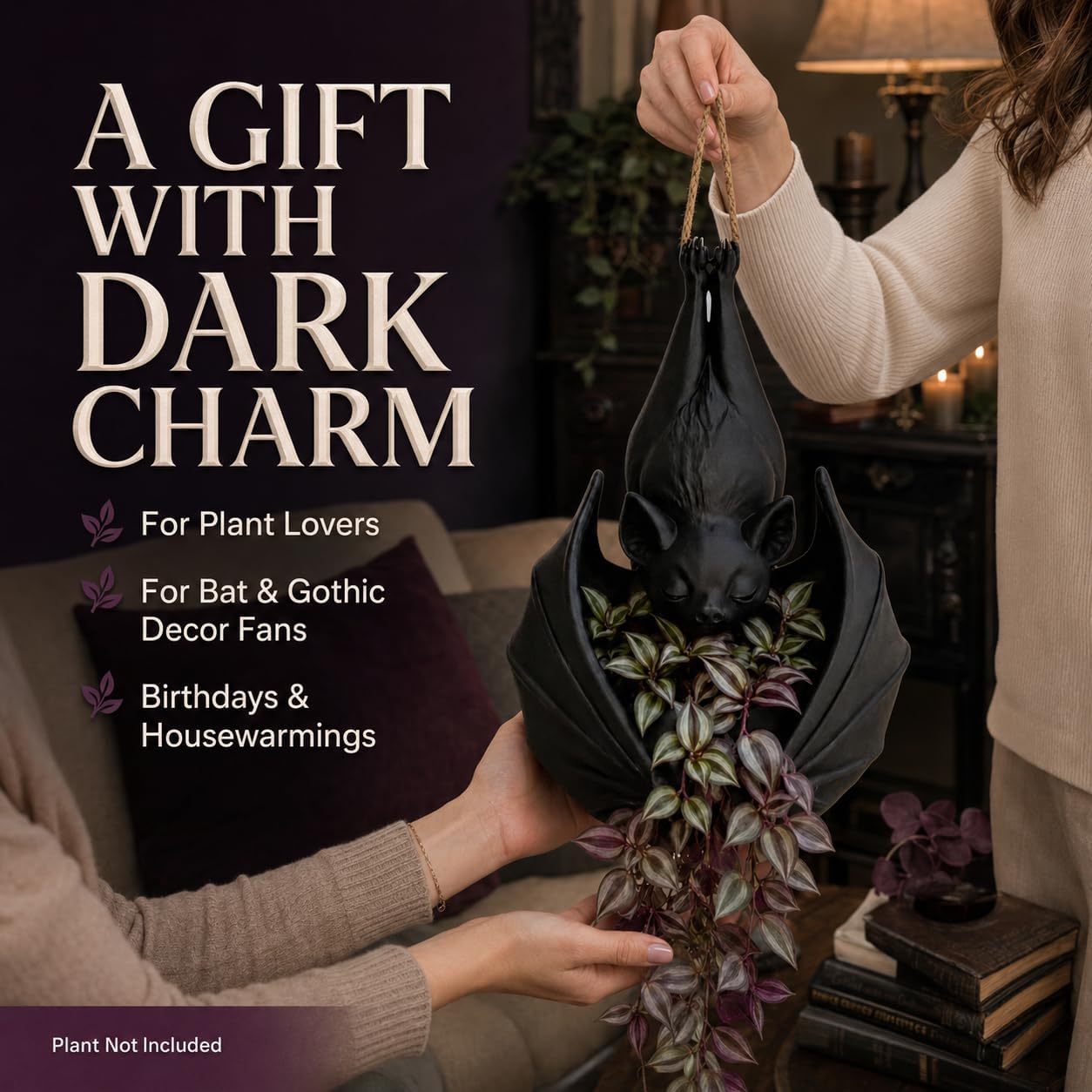 Hanging Bat Plant Pot, Gothic Planter for Succulents and Vines (2pcs) | Gothic bat-shaped resin planter for succulents