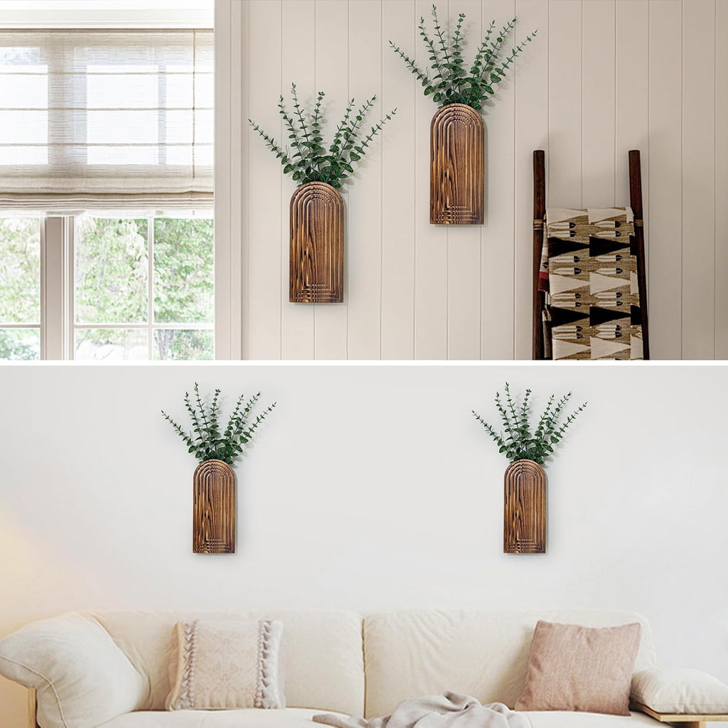 Wooden Wall Planter Vase Set of 2, Boho Hanging Planter for Indoor Plants & Flowers, Natural Wood Wall-Mounted Planters
