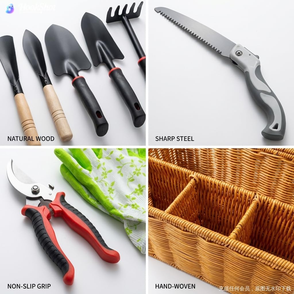 Garden Tools Set, 9 Pieces, Brown | Heavy Duty Stainless Steel, Includes Basket, Pruning Shears, Gloves Included, For