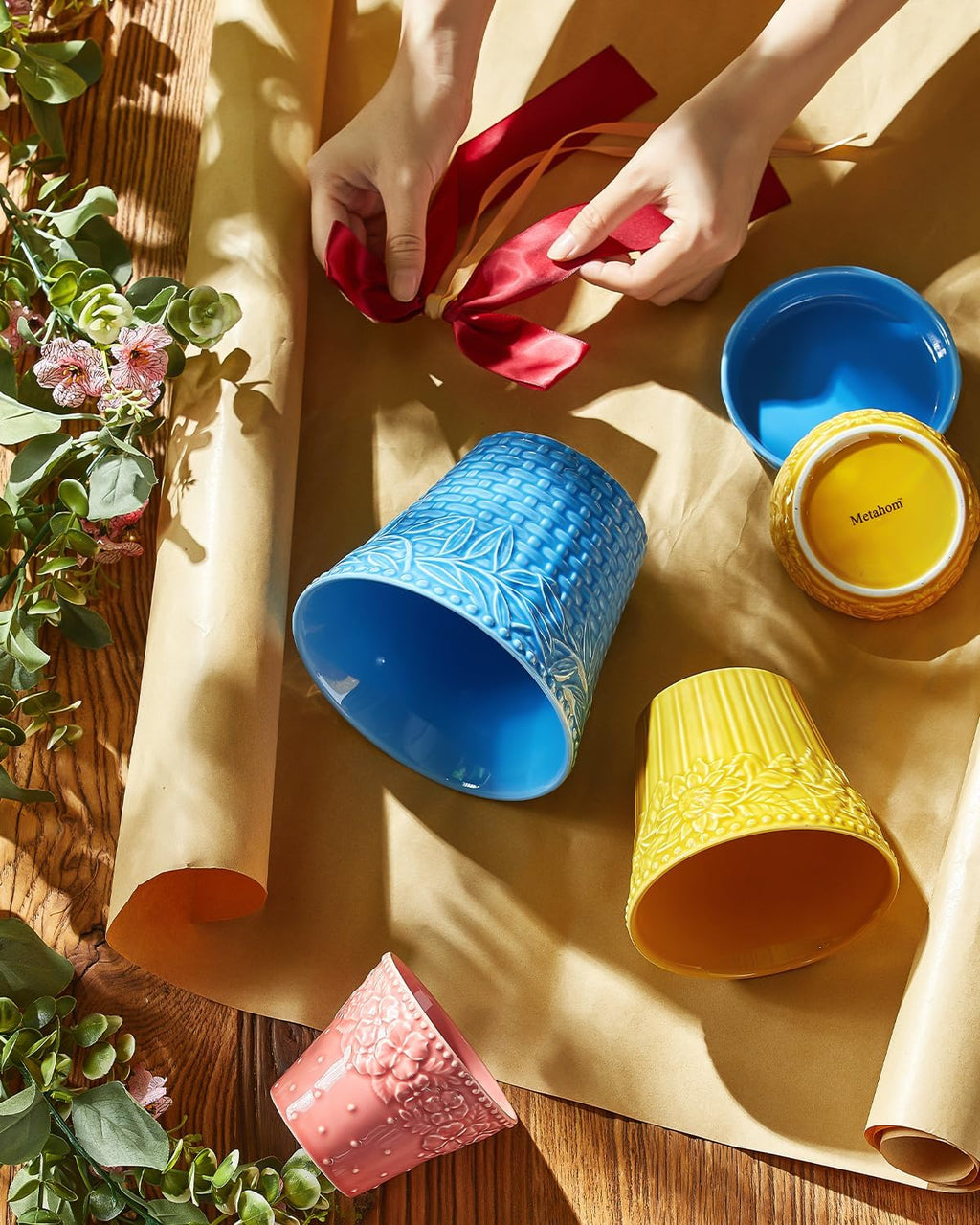 Metahom Ceramic Plant Pots, 5.8 Inch Flower Pots for Indoor Plants, Planters with Drainage Hole & Saucer, Garden