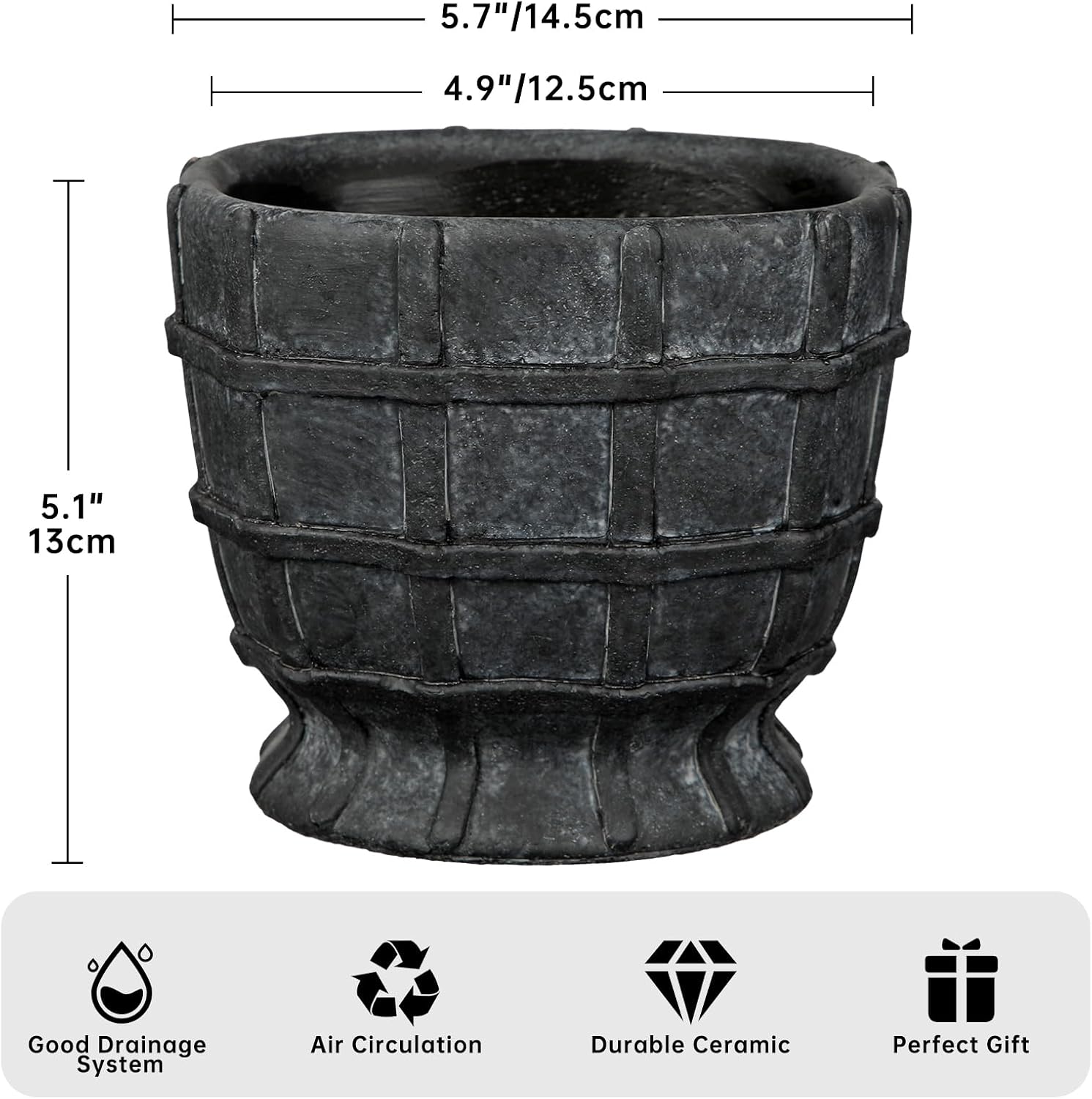 6" Black Ceramic Plant Pots with Drainage Hole, Rustic Flower Pots for Indoor Plants, Outdoor Decorative Ceramic