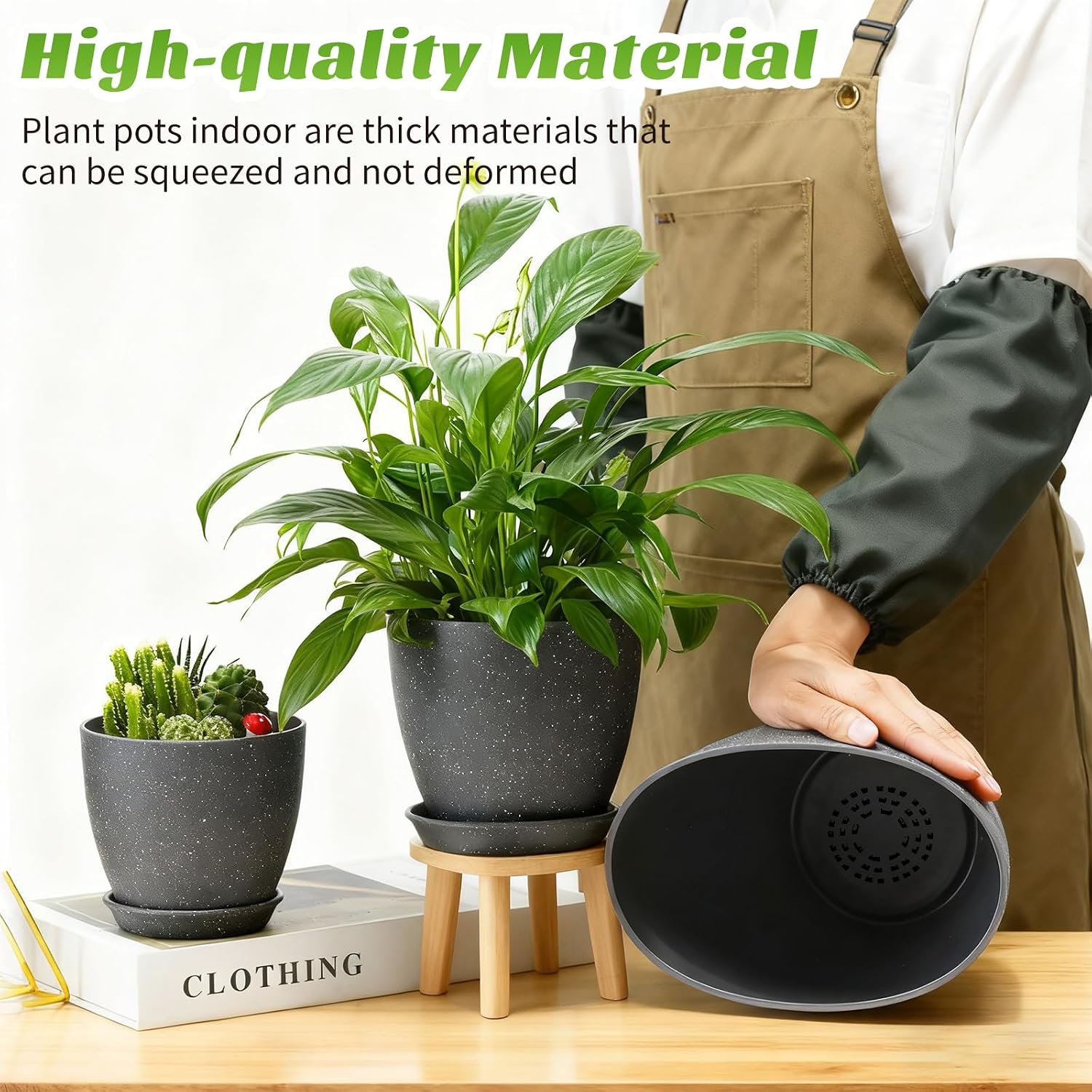 10/9/8 Inch 3 Pack Speckled White Plant Pots with Drainage Holes and Saucers, Indoor Outdoor Decor Planters for