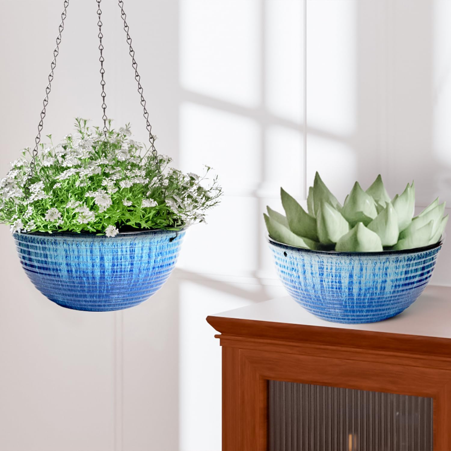 2 Pack 10 Inch Glazed Hanging Planters, Hanging Baskets with Drainage Hole | Ceramic Look, Hanging Flower Pots for